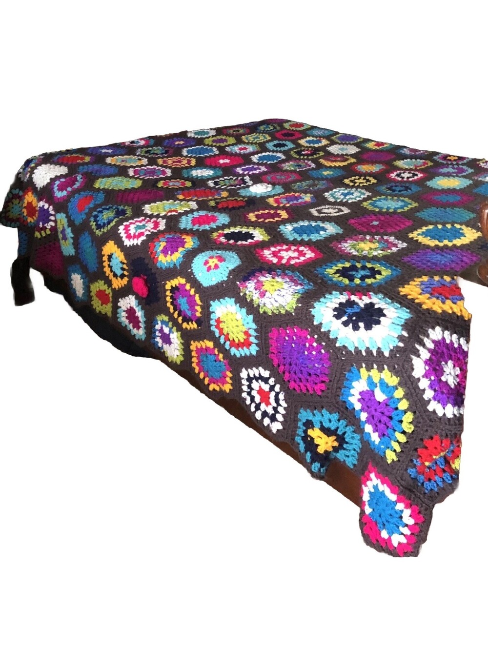 VTG Grandma’s Garden Flowers Crochet Patchwork Blanket 92”x86” Floral Blanket
